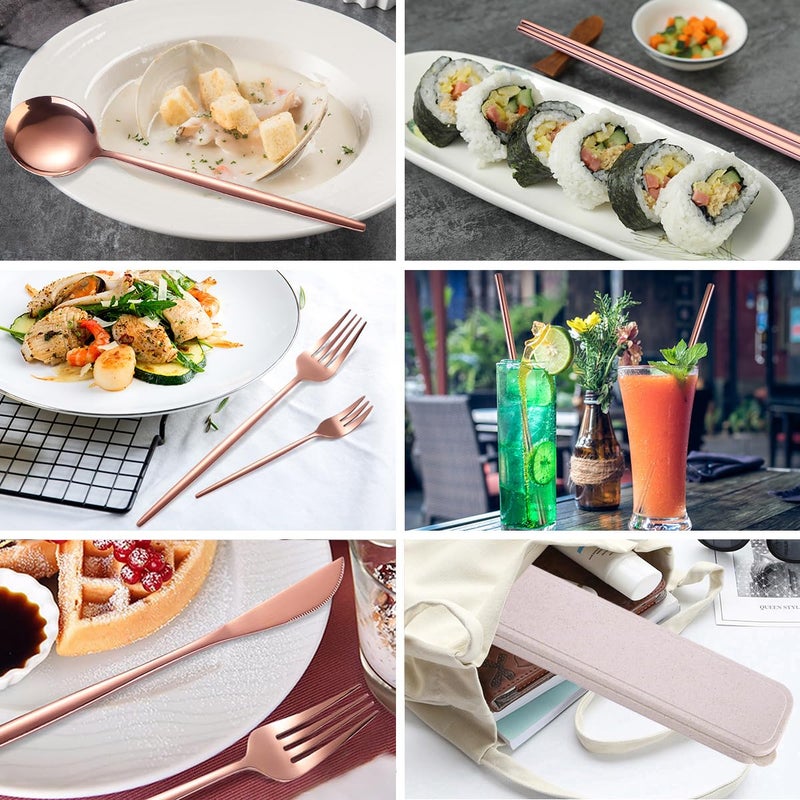 AARAINBOW 8 Pieces Stainless Steel Flatware Set Portable Reusable Cutlery Set Travel Utensils Set Including Chopsticks Knife Fork Spoon Straws Cleaning Brush Dishwasher Safe (Rose Golden) - Image 4